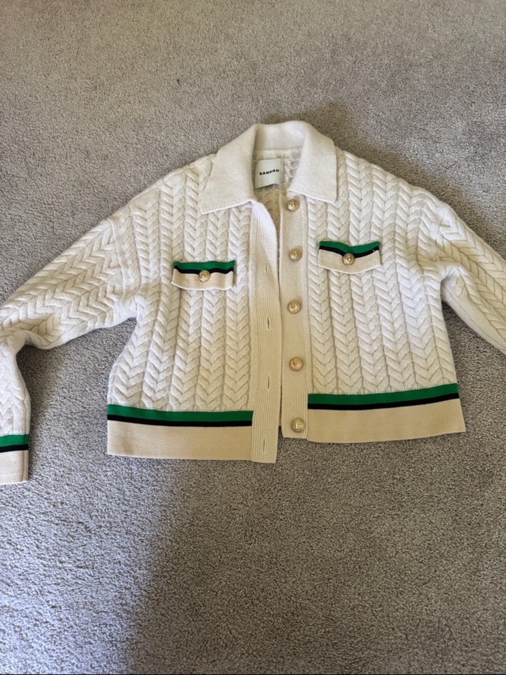Sandro Cream Cable-Knit Cardigan with Green Trim